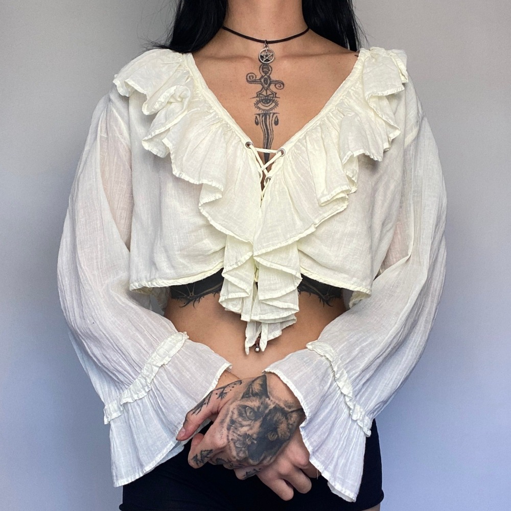 Vtg Cottagecore White Cotton Ivory Ruffle Crop Top Lace Up Bell Sleeve Gauze S